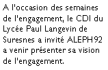 Zone de Texte: A l�occasion des semaines de l�engagement, le CDI du Lyc�e Paul Langevin de Suresnes a invit� ALEPH92 a venir pr�senter sa vision de l�engagement.
